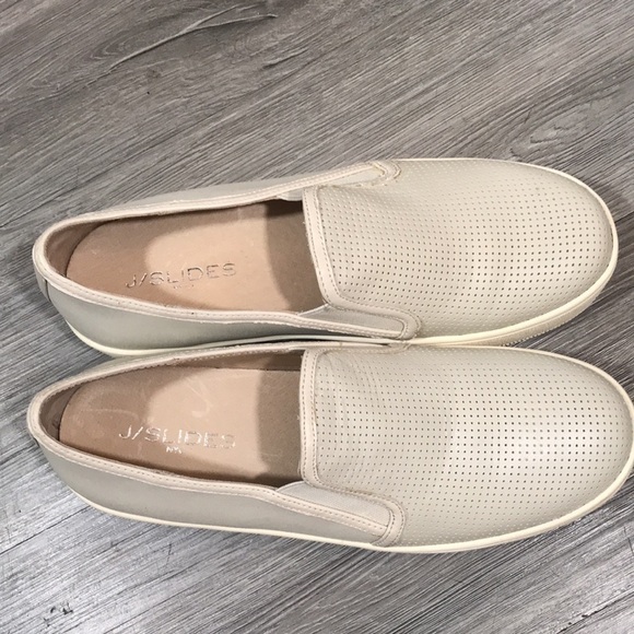 J/SLIDES Light Taupe Perforated Leather Platform Slip-On Sneakers size 8 - Picture 3 of 9